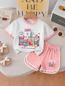 2 pièces/Set T-shirt à manches courtes et short blocs de couleur pour filles, imprimé d'un ours buvant du bubble tea, ample et respirant, tenue d'été mignonne et - Multicolore - Voir 1