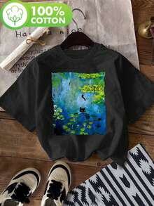 T-Shirt With A Water Lily And Black Cat Print, Casual Short-Sleeved Top With A Round Neck, Ideal For Summer And Spring, Women's Clothing - 黑色 - 查看 7