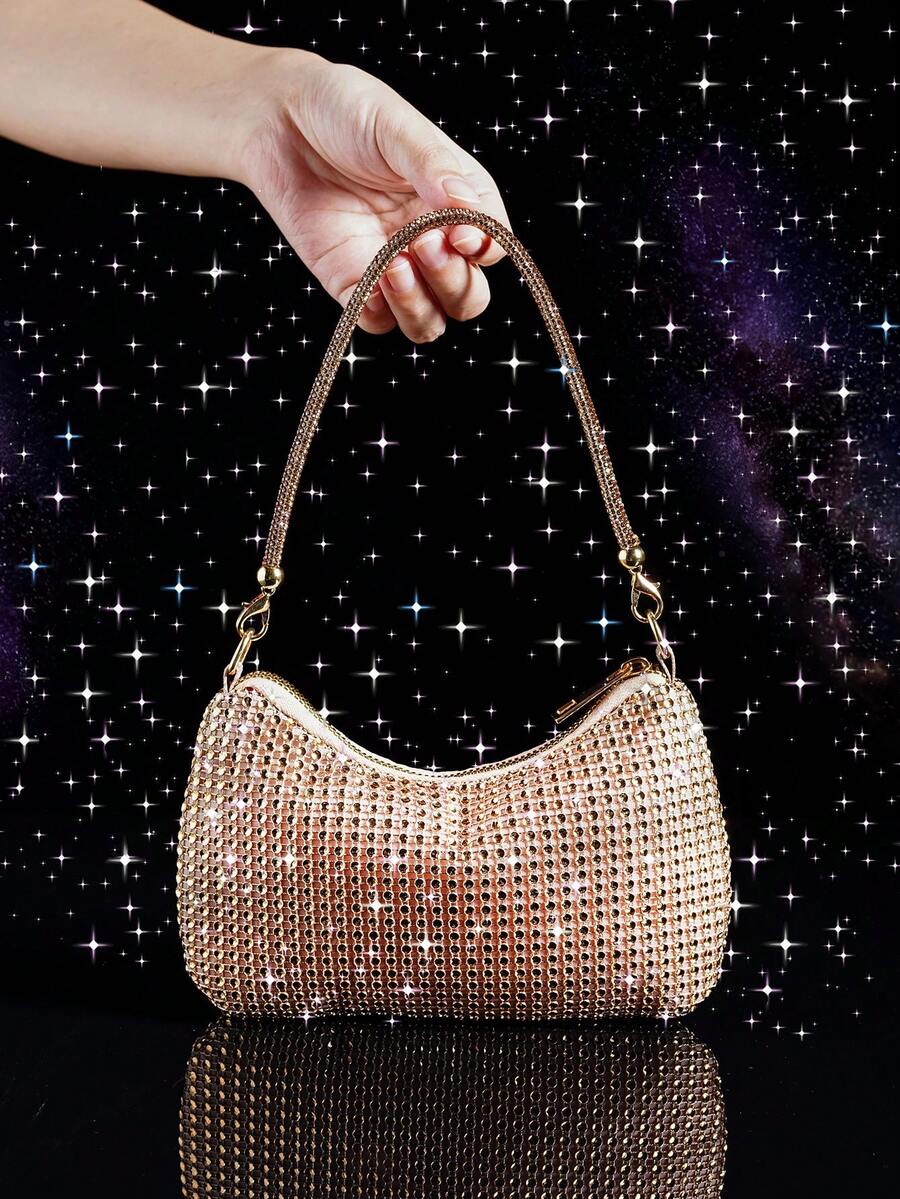 Niche Design Minimalist Evening Bag With Rhinestone Decor, Suitable For Party, Date, Shopping, Versatile Small Handbag - Champagne - View 1