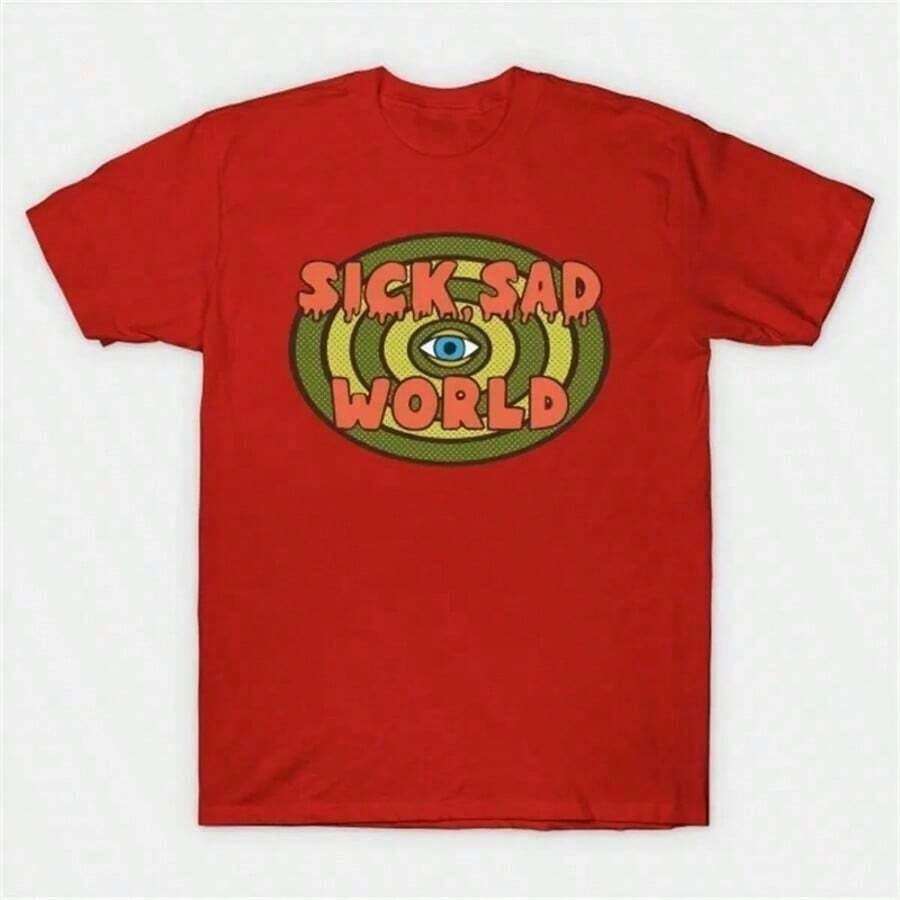 Daria Sick Sad World T-Shirt With Eye Logo And 'Drippy' Text, Short Sleeve, Summer Top, Casual Printed Cotton T-Shirt, Fun Sportswear, Breathable And Moisture-Absorbing, Suitable For Parties, Home, Daily Leisure, Sports And Fitness, For Summer. - 紅色 - 查看 1