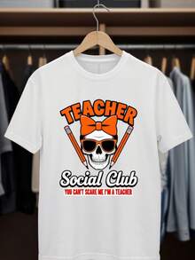 Diseño del cráneo del club social de la maestra. Camiseta de manga corta de cuello de tulación blanco de verano para mujer, cómoda y transpirable. Perfecto para Halloween / Regalo de Navidad. Moda de verano, Regalo de vacaciones, Camiseta gráfica, uste relado, Material ligero, Impresión duradera - Blanco - Ver 2