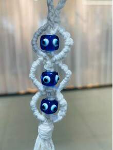 1pc Blue Eye Hanging Decor, Retro Boho Style Beaded Handmade Woven Turkish Evil Eye Pendant, Holiday Gift - White - View 4