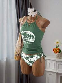 Conjunto de top de tankini con cuello halter y Bottom con estampado de palmeras, cordón y fruncido, para vacaciones y playa - Verde - Ver 6