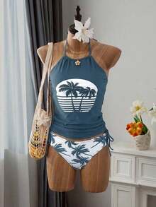Conjunto de top de tankini con cuello halter y Bottom con estampado de palmeras, cordón y fruncido, para vacaciones y playa - Niebla azul - Ver 4