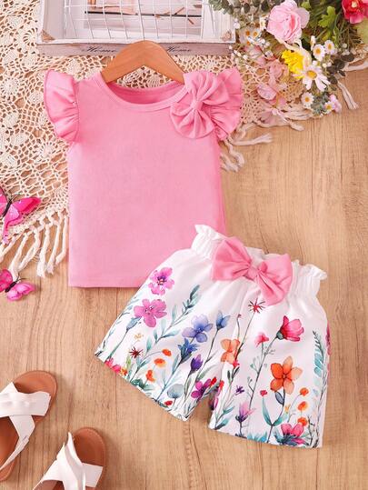 2pcs Girls Shorts Set, Elegant Floral & Plant Pattern + Placement Number Print, Soft & Comfortable Knit Fabric Top, Suitable For Outdoor, Festivals & Parties
