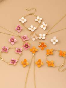 1pc Necklace + 1pc Bracelet + 1pc Ring + 2pcs Earrings, Elegant Niche Floral Jewelry Set, Suitable For Daily, Party, Vacation, Gift-Giving In Spring/Summer - Oil-dripping Flower Set - View 8