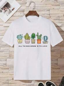 Gift 100% Cotton T-Shirt With Cactus And Succulent Print And The Phrase "All Things Grow With Love", Oversized Casual Short Sleeve T-Shirt For Women, Fresh And Positive Minimalist Streetwear Style, Ideal For Everyday Wear And Gift, Colors: White And Blue Available, Plus Size Available, Soft - 白色的 - 查看 6