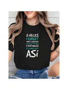 1 Piece Women's Funny Spanish Quote T-Shirt - 'Sometimes I Forget What The Language Is' Crew Neck Short Sleeve 100% Cotton Printed T-Shirt 2026 New Style Holiday Clothes For Women Summer Clothes For Women Concert Clothes Country Style Concert Clothes 180g 100% Soft Cotton - 黑色 - 查看 7