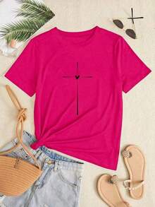 1 pieza de camiseta casual de manga corta con estampado de corazón, camisetas gráficas para mujer, 180g 100% algodón, los diseños están completamente impresos. Unisexo. - Negro - Ver 10