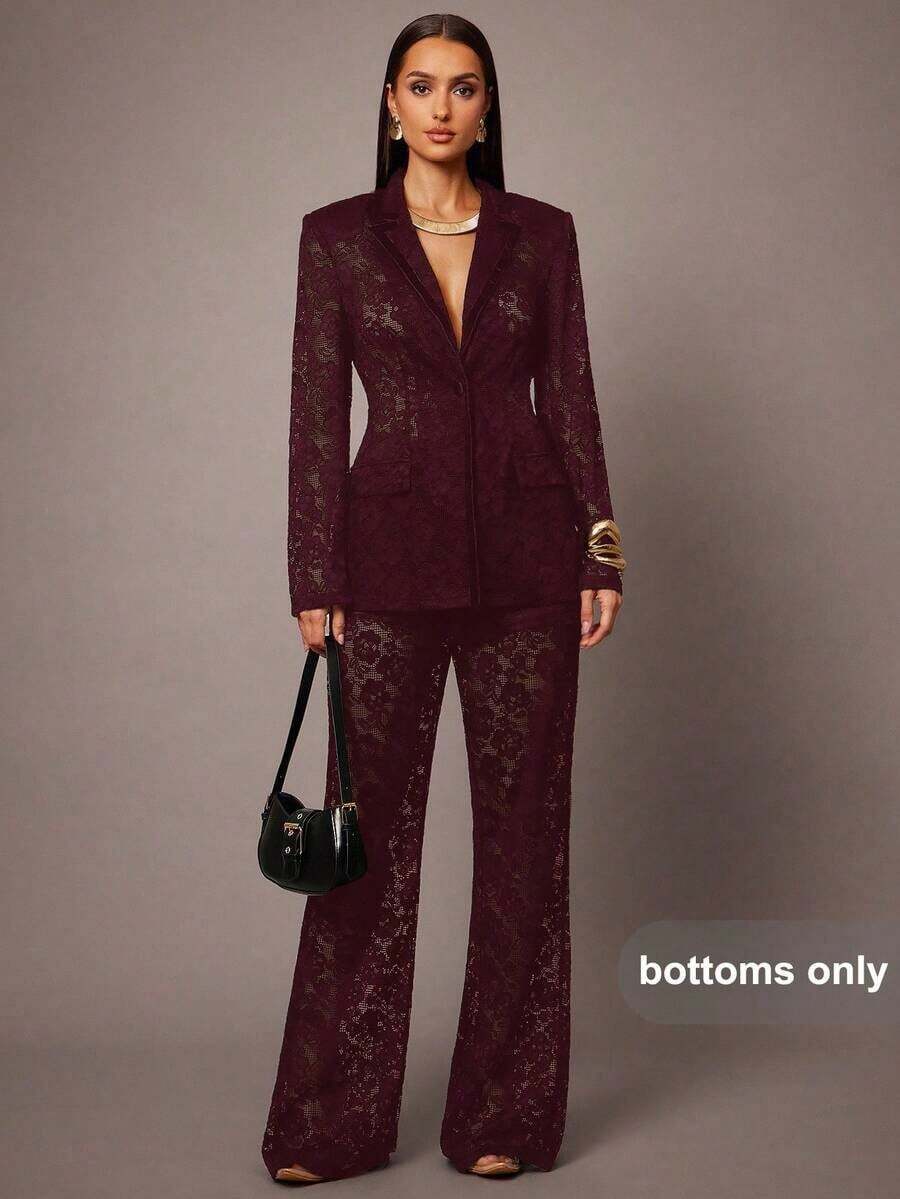 Pantalones de campana de cintura alta con encaje floral elegante y de moda para mujer - Burdeos - Ver 1