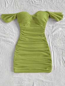 Vestido mini ajustado de punto rojo con hombros descubiertos para mujer, diseño con espalda calada, adecuado para vacaciones, citas, té de la tarde, temporada de bodas, playa, crucero, vacaciones en la ciudad, vacaciones bohemias, festivales de - Verde - Ver 6
