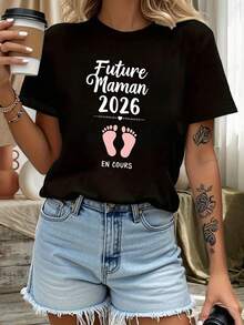 Women's Short-Sleeved T-Shirt With A Round Neck And The French Text "Future Maman 2026 EN COURS" Print, Ideal For Casual Shopping And As A Holiday Gift, Suitable For Gatherings With Friends. U7OC - 黑色 - 查看 3