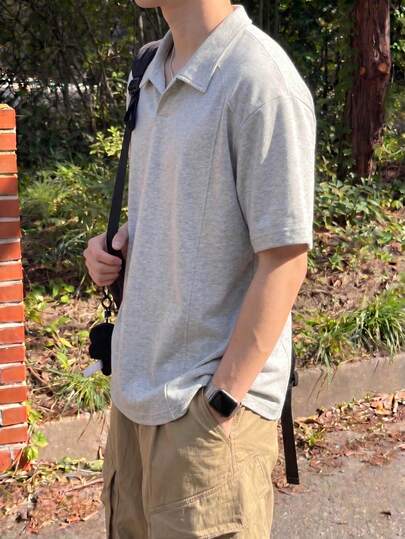 1pc Men's Loose Fit Drop Shoulder Polo Shirt, Light Gray, Knit Fabric, Relaxed & Breathable, Casual Sports Style For Daily Wear, Summer