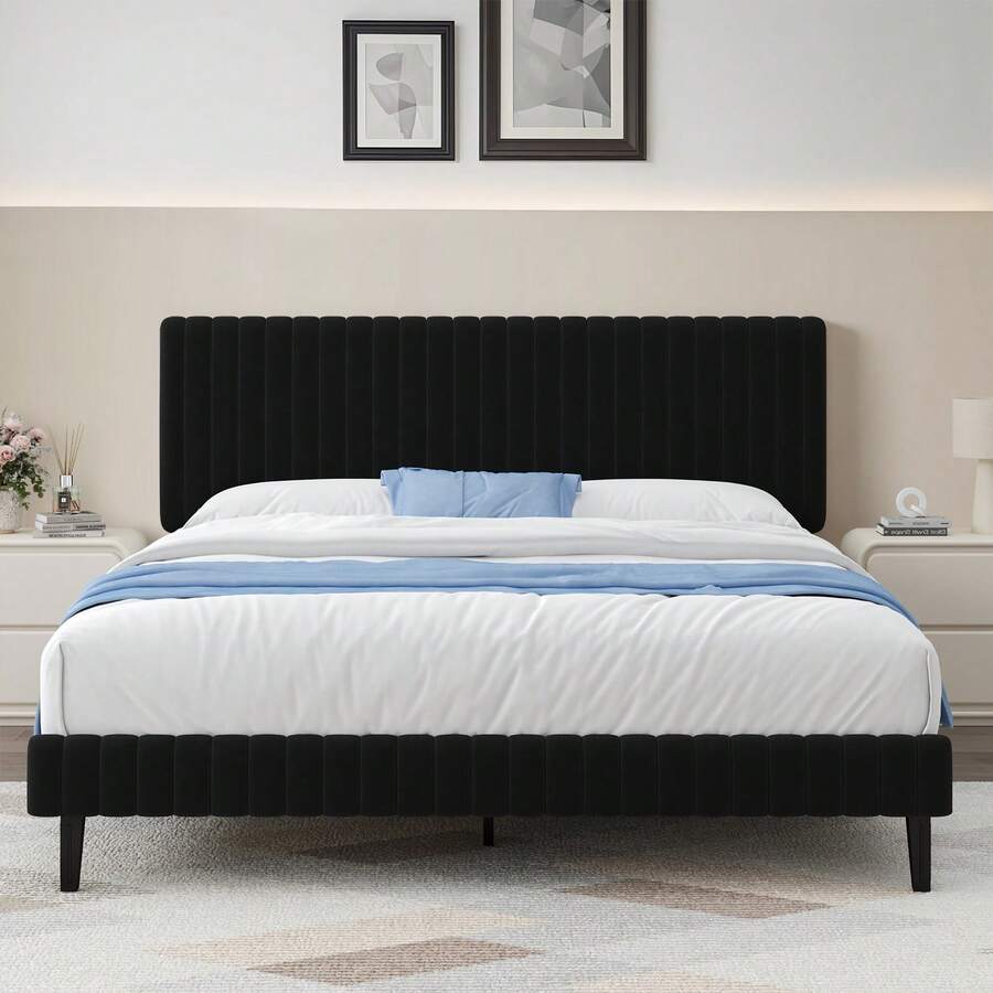 Queen Bed Frame, Upholstered Bed Frame With Headboard And Footboard, Vertical Channel Tufted Headboard, White/ Black/ Pink/ Green/ Blue, Twin/ Full/ Queen/ King - màu đen - Xem 1