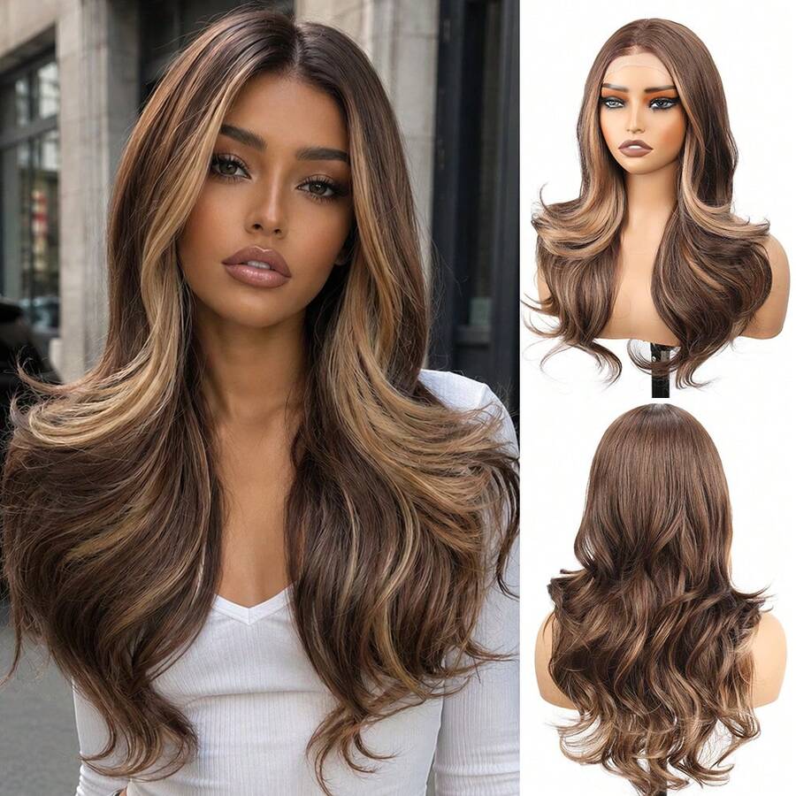 13x4 Inch Wavy Ombre Synthetic Hair Wig, 24 Inch Brown Long Hair With Natural Realistic Texture, Heat Resistant Fiber, Suitable For Party, Date, Daily Wear