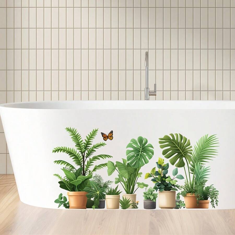 1 buah Stiker Dinding Pot Tanaman Hijau Tropis, Stiker Kamar Mandi PVC Tahan Air dan Perekat Mandiri yang Dapat Dilepas, Cocok untuk Ruang Tamu, Kamar Mandi, Kantor, Dapur, dan Dekorasi Rumah - Stiker Dinding - View 1