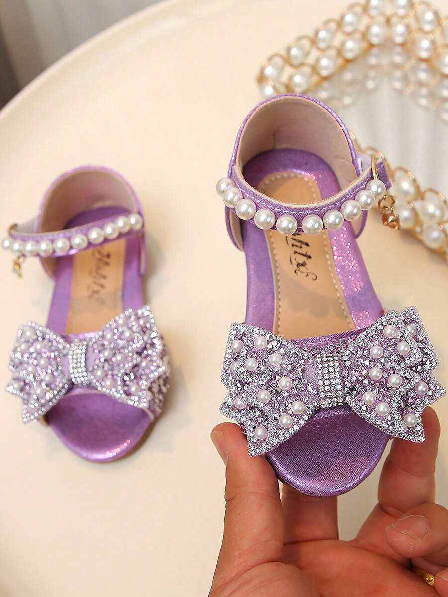 Shiny Rhinestone Pearl Bow Girls' Princess Sandals, Soft Bottom Round Toe PU Flat Sandals, Suitable For Spring, Summer, Autumn Holidays And Daily Wear - Purple - View 1