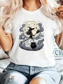Camiseta moderna y a la moda con estampado de escoba de bruja - Diseño misterioso con murciélagos, luna y caldero - Cuello redondo suave, adecuada para Halloween o fiestas temáticas de brujas - Lavable, ideal para usar en primavera, verano y otoño (con elementos dorados), ropa de mujer para Halloween, camiseta de mujer para Halloween, ropa gótica de mujer, camiseta temática de bruja para Halloween, disfraz de bruja, camiseta de mujer para Halloween, camiseta de manga corta con estampado de bruja y cuello redondo holgado de estilo casual para uso diario en primavera, verano y otoño - Camiseta vintage de estilo callejero unisex, de algodón, manga corta y cuello redondo. - Blanco - Ver 10