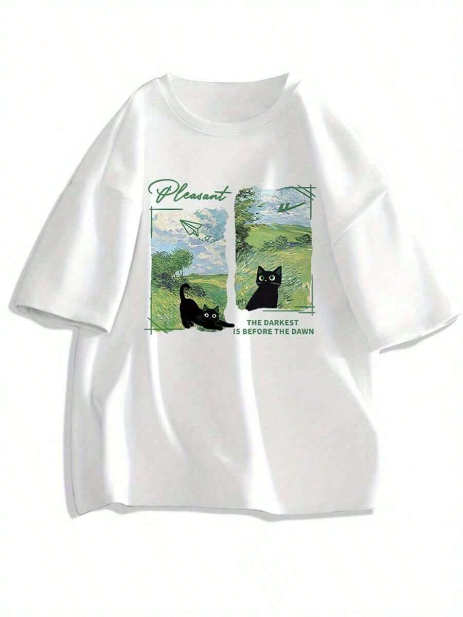 Women's Y2K Summer Graphic T-Shirt - "The Darkest Is Before The Dawn" With Black Cat And Sky Design, Loose Fit, Crew Neck, Casual And Versatile Top, Casual Wear | Playful Print | Comfortable Fit, Gifts For Cat Lovers - 白色 - 查看 1