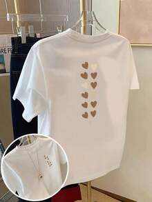 Camiseta Casual de Manga Corta para Mujer, Verano 2026, Diseño de Corazón, Estilo Sencillo con Estampados Frontales y Traseros, Patrón de Doble Cara - Diseño Personalizado, Ropa de Uso Diario para Mujer - Camiseta Casual de Cuello Redondo, Tela de Elasticidad Media - Cómoda y Ajustada. Ropa de Verano para Mujer de Talla Grande, Ropa Gratis para el Día de la Independencia Nacional - Blanco - Ver 6