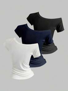 3 piezas Camisetas ajustadas con cuello asimétrico para mujer, tops básicos con cuello asimétrico en negro, blanco, rosa - Negro 4 - Ver 2