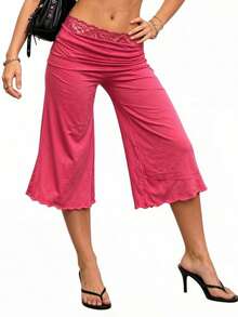 Women's Wide Leg Capri Pants, Low Waist Loose Fit Stretchy Cropped Trousers, Casual Y2K Streetwear Summer Daily Going Out Vacation Pants For Ladies - Màu Hồng  Dưa hấu - Xem 3