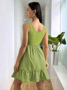 Vestido casual de mujer de unicolor con volantes en el bajo, para verano - Verde Oliva - Ver 2