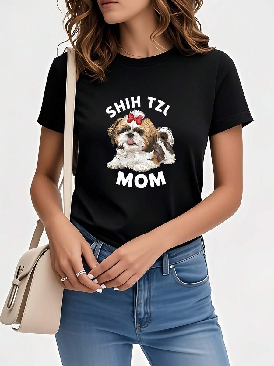 Camiseta con estampado de mamá Schnauzer, de manga corta y cuello redondo, ropa de mujer, moderna, casual, versátil, única y a la moda, adecuada para uso diario, en casa, salidas, viajes y vacaciones, camiseta de algodón puro con estampado para mujer. - Negro - Ver 1