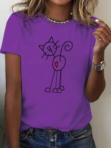 Talla Grande - Talla Grande - Camiseta para Mujer, con Estampado de Gato y Corazón, Estampado de Letras, Talla Grande, Cuello Redondo - Morado - Ver 1