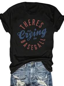 Women's Plus Size Graphic T-Shirt With The Phrase "No Regrets In Baseball" - Casual Crew Neck, Short Sleeve, Soft Fabric, Perfect For Autumn And Winter, Baseball Fan Clothing | Funny Letter T-Shirt | Soft Fabric T-Shirt - 黑色 - 查看 5