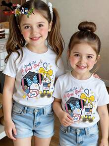 Disney Lilo & Stitch Stitch With Mickey Mouse Sketch Style Baby White T-Shirt, Cute Cartoon Print Sweatproof & Breathable Top For Toddler Girls - 白色 - 查看 1