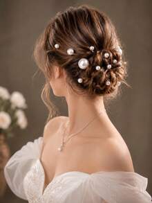 topshiny 20pcs Pearl & Rhinestone Flower Bridal U-Shaped Hair Clips Hair Accessories Set - White Pearl With Small White Flowers - View 5
