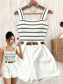 de 2 piezas de Primavera/Verano 2026 de diseño de moda elegante francés: Top ajustado de tirantes cuadrado en color marrón + Pantalón corto de pierna ancha blanco de cintura elástica, conjunto casual diario y de vacaciones para mujer - Blanco y Negro - Ver 3