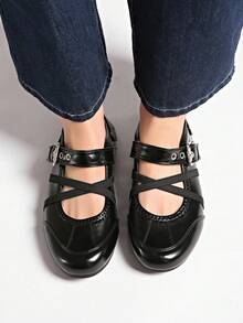 Giày Mary Jane màu đỏ retro đa năng kiểu dáng mới mùa xuân 2025, giày da đế bằng mũi tròn phong cách thường ngày dành cho nữ. - màu đen - Xem 6