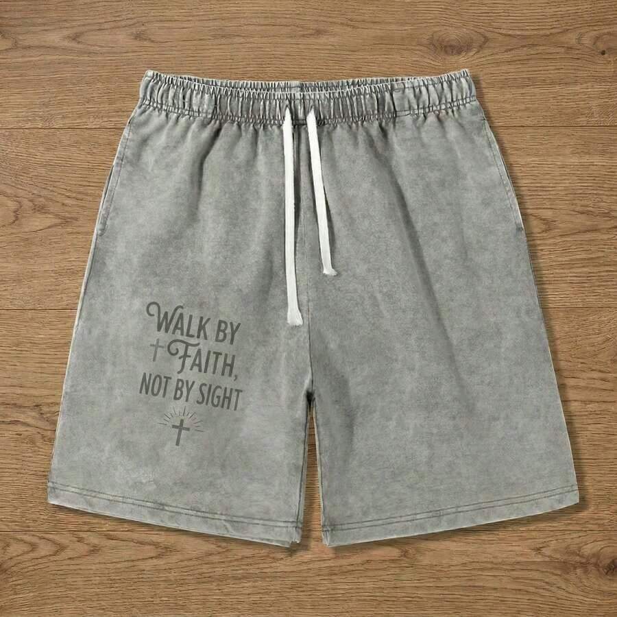 Men's Retro Washed Cotton Shorts, Christian Faith Printed Pure Cotton Pants, Loose Breathable Drawstring Casual Shorts For Summer 4th Of July Outfit Women - Xám - Xem 1