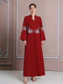 3D Oversized Silk Thread Embroidery Pattern Pearl Decorated Dress, Long Robe, Arabic Robe - Red - View 3