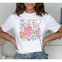 1 Piece HIPTEE Nurse T-Shirt, 100% Cotton, Registered Nurse T-Shirt, Nursing T-Shirt, RN, LPN, NP, Groovy, Retro, Coquette, Whimsical, Graduation, Gift For Nurse - Unisex Top For Everyday Campus Wear For Women And Men, 180g 100% Cotton, All Designs Are Printed. Unisex. - 白色 - 查看 12