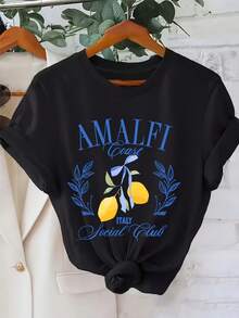 Plus Size, Women's Plus Size T-Shirt From The Italian Amalfitana - Short Sleeve Blouse With Lemon And Leaf Print, Round Neck And Hood, Breathable Machine Washable Fabric, Casual Spring And Summer Wear, Italian-Themed Clothing, Vacation And Outfits - 黑色 - 查看 1