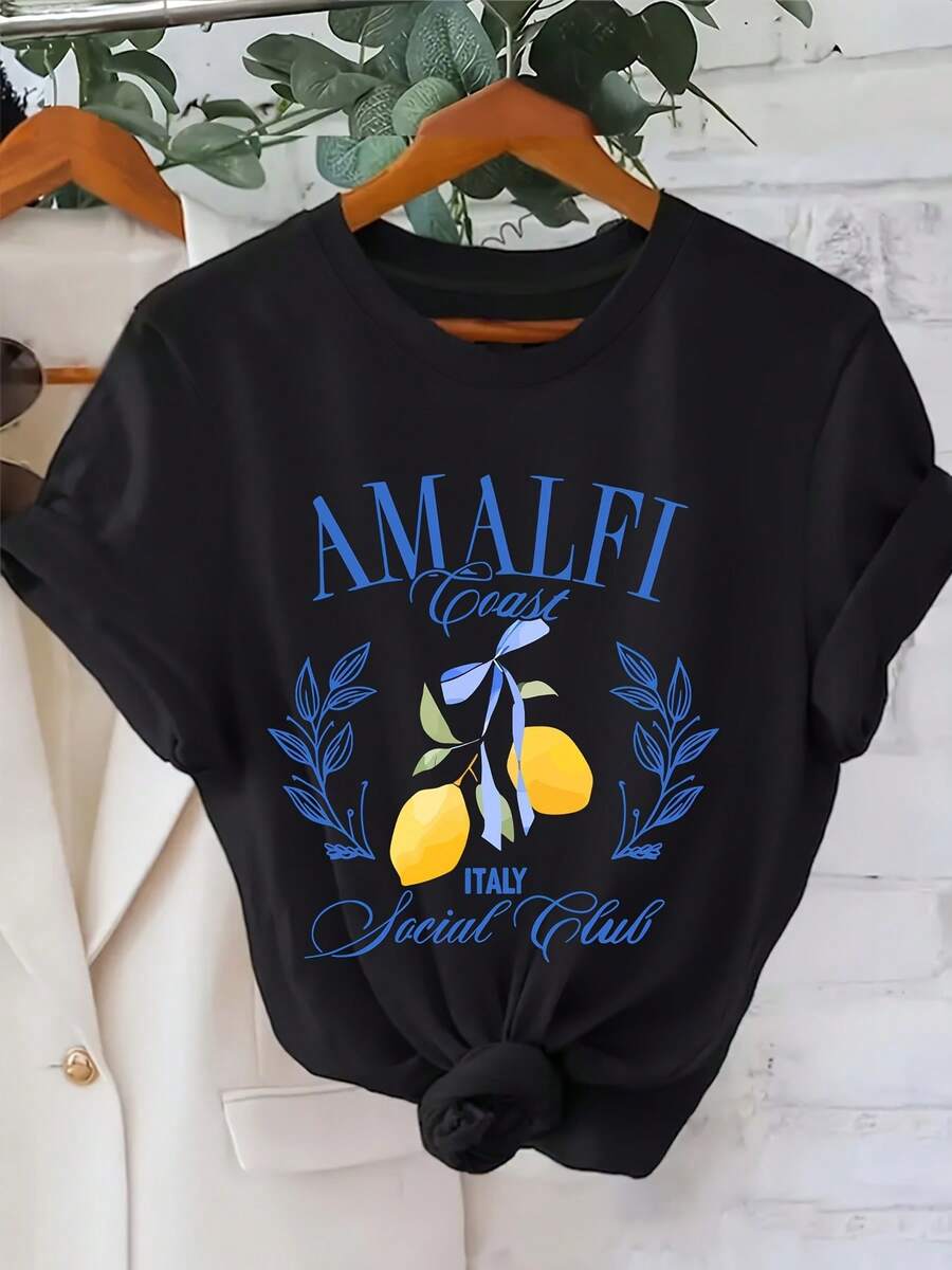 Plus Size, Women's Plus Size T-Shirt From The Italian Amalfitana - Short Sleeve Blouse With Lemon And Leaf Print, Round Neck And Hood, Breathable Machine Washable Fabric, Casual Spring And Summer Wear, Italian-Themed Clothing, Vacation And Outfits - 黑色 - 查看 1