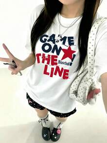 Women's Round Neck Short Sleeve T-Shirt, Summer New Fashion Star Pattern And Letter Print, Casual Versatile Loose Fit Top, White - White - View 10