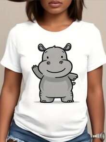 Camiseta linda de impresión de hipopótamo de las mujeres - camiseta rel de cuello redondo de manga corta blanca con diseño sonriente de hipopótamo y -like, patrón animal gris y beige, tela suave transpirable para eerano, tre de cumpleaños o regalo de Navidad - Blanco - Ver 2