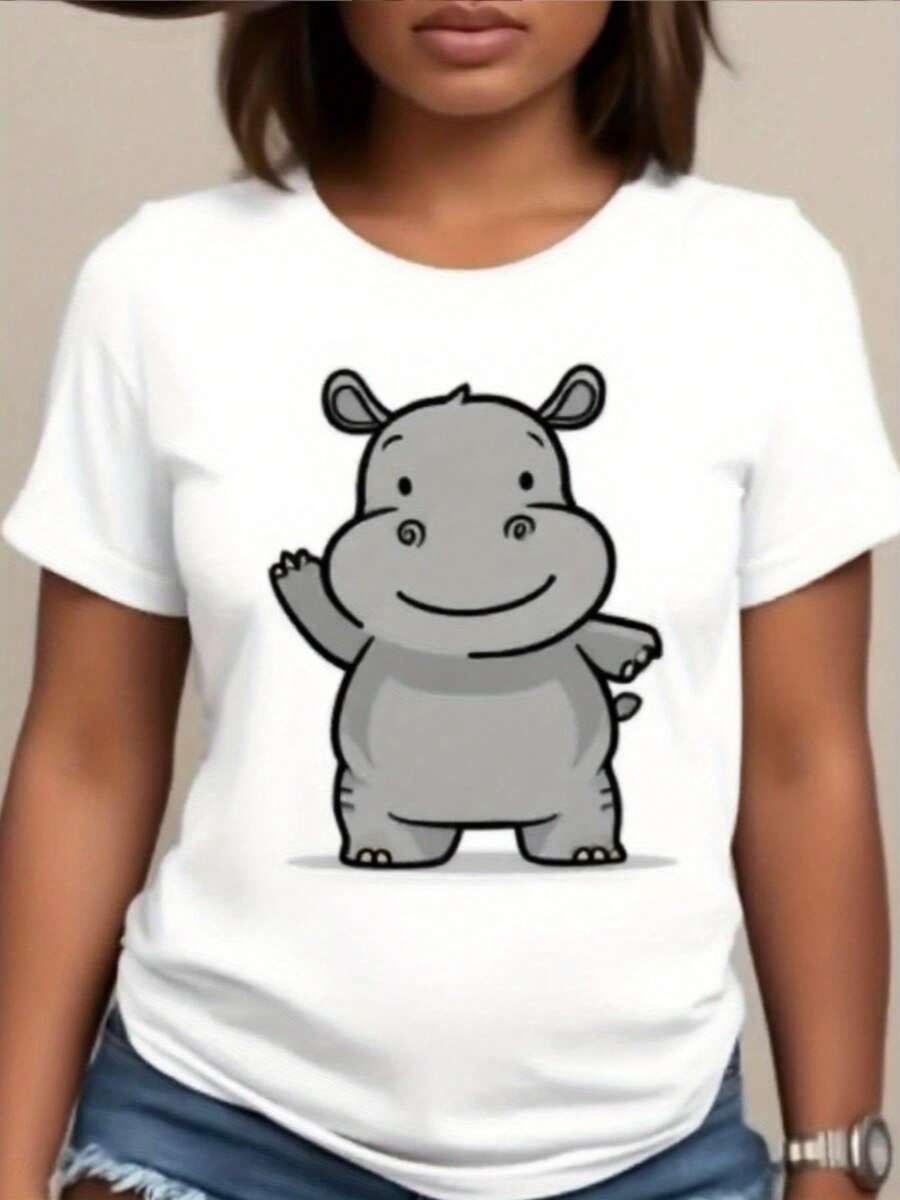 Camiseta linda de impresión de hipopótamo de las mujeres - camiseta rel de cuello redondo de manga corta blanca con diseño sonriente de hipopótamo y -like, patrón animal gris y beige, tela suave transpirable para eerano, tre de cumpleaños o regalo de Navidad