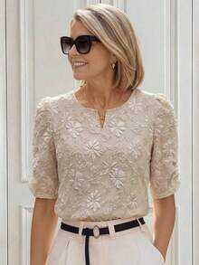 Camisa de mujer con cuello en V y estampado floral, de uso casual y versátil para el día a día - Caqui - Ver 1