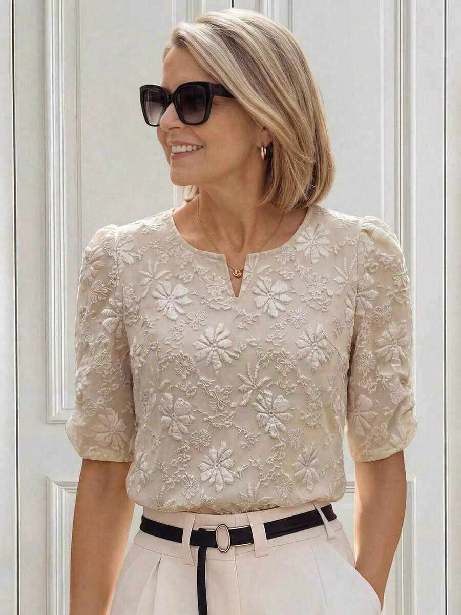 Camisa de mujer con cuello en V y estampado floral, de uso casual y versátil para el día a día - Caqui - Ver 1
