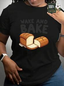 OversizeCamiseta Oversize para Mujer Talla Grande - Suave, transpirable, de corte casual, cuello redondo, camiseta para uso diario, con estampado "Wake Up and Bake" y motivos de panadería - Cómoda para todas las estaciones, ideal para entusiastas de la repostería, un regalo perfecto para panaderos - Diseño con letras blancas sobre fondo negro y una rebanada de pan - Patrón geométrico, estilo casual - Adecuada para usar en todas las estaciones - Tela moderna y cómoda para mujeres - Ideal para uso casual y eventos temáticos - Diseño artístico "Wake Up and Bake" - Materiales puros, transpirable y cómoda. - Negro - Ver 6