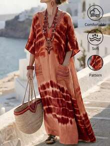 Vestido largo casual de mujer con estampado de teñido anudado, cuello en V verde, kimono de manga corta, bajo asimétrico, vestido de verano tipo kaftan para mujer, atuendo de playa, estilo mediterráneo, ropa bohemia - Marrón - Ver 1
