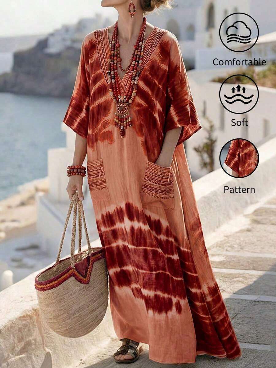 Vestido largo casual de mujer con estampado de teñido anudado, cuello en V verde, kimono de manga corta, bajo asimétrico, vestido de verano tipo kaftan para mujer, atuendo de playa, estilo mediterráneo, ropa bohemia - Marrón - Ver 1
