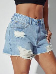 Quần short denim nữ mùa xuân hè, kiểu dáng thường ngày, họa tiết trái tim. - Màu xanh nhạt - Xem 6