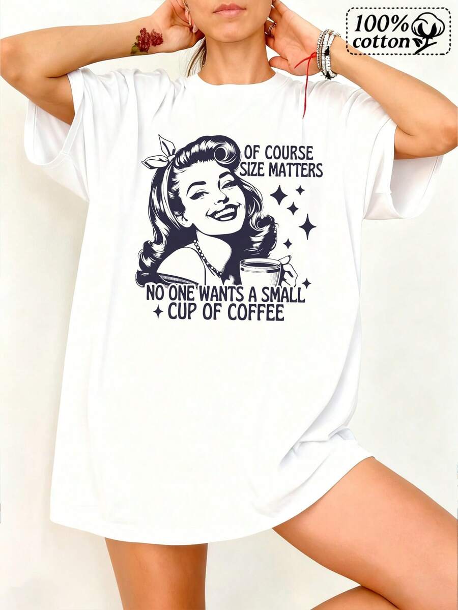 Modara Women's T-Shirt | Vintage Pin Up White Front Print With Coffee Cup And Text "Of Course Size Matters, Nobody Wants A Coffee Cup" | Comfortable And Casual Wear For Everyday Outings And Coffee Breaks - 白色 - 查看 1