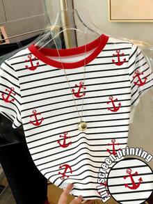 Camiseta casual de mujer de manga corta con cuello redondo, estampado de oso de dibujos animados y rayas - Multicolor 7 - Ver 5